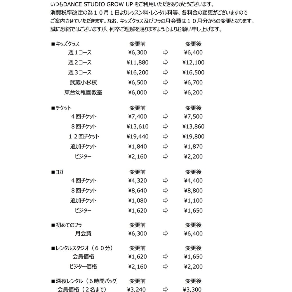 消費税改定のための料金改定